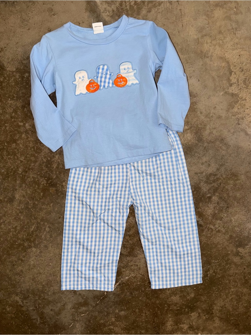 18M 24M Boys Blue Gingham Ghost Pumpkin Halloween Outfit Set Applique Fall Photo